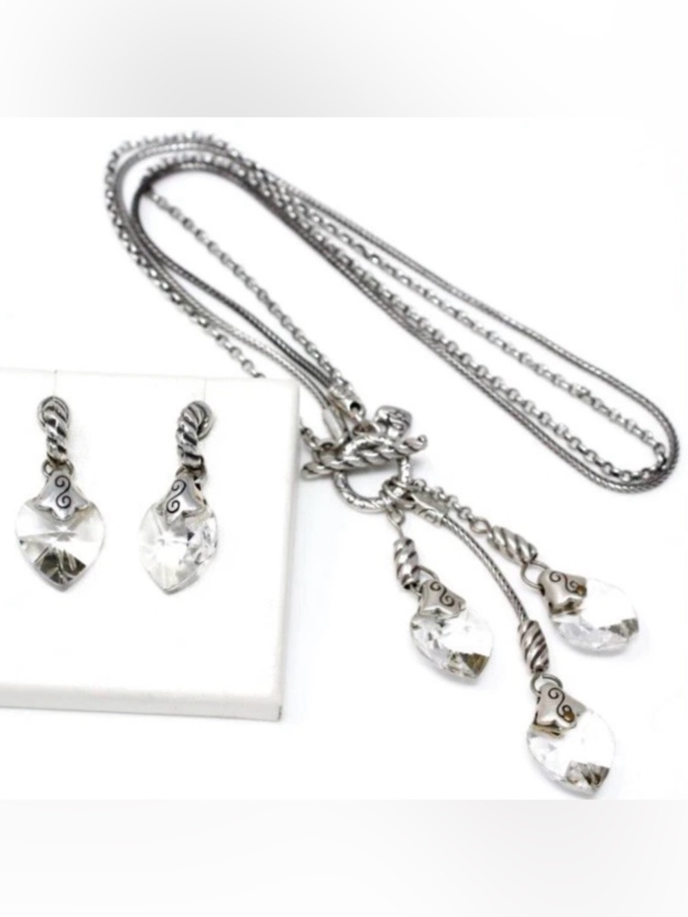 💎RARE BRIGHTON VTG+ KRYSTALL HEART 3 SWAROVSKI CRYSTAL Necklace and Earring Set!